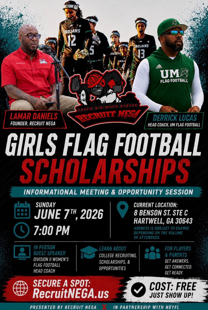 CoachDaniels06's tweet photo. 🏈 GIRLS FLAG FOOTBALL IS TAKING OFF! 🏈

Get Registered Today!!!!!
Click the link below ⬇️
🔗https://t.co/DYrVzMzncJ

Recruit New Elite Generational Athletes and the Northeast Georgia Youth Flag League are proud to present a special LIVE event focused on the future of Girls Flag Football!

Join Coach D and @Dcanes40Lucas, Head Women's Flag Football Coach at the University of Mount Olive, as we discuss:

✅ College Scholarship Opportunities
✅ The Recruiting Process
✅ How to Get Recruited
✅ What College Coaches Are Looking For
✅ The Growth of Women's Flag Football
✅ LIVE Audience Q&A

This is a FREE opportunity for athletes, parents, and coaches to learn directly from a college coach who is building a successful women's flag football program.

📍 Hartwell, Georgia
🎟 FREE Admission 
📅 Limited In-Person Seating 
🖥 Live Streaming 

The game is growing. The opportunities are growing. Don't miss your chance to get ahead of the competition and learn how Girls Flag Football can open doors to college athletics.

#RecruitNEGA #NGYFL #GirlsFlagFootball #WomenInSports #FlagFootball #CollegeRecruiting #ScholarshipOpportunity #FutureIsFemale #StudentAthlete #PlayAtTheNextLevel #Recruiting101 #CoachD #NortheastGeorgiaFlagFootball #UniversityOfMountOlive