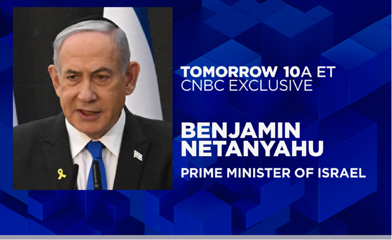 RyanRuggiero's tweet photo. Tomorrow on @CNBC:  Israeli Prime Minister Benjamin Netanyahu joins us for an exclusive interview. Tune in at 10am ET!! https://t.co/dbzqmosNni