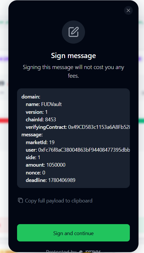 SayanIntel's tweet photo. 🧵[6/7]

After choosing your side, enter the amount you want to use and confirm your position.

A message will appear asking you to sign.

This isn't a gas fee or payment.

It's simply a confirmation that you're approving the action.

Click Sign and Continue, and your prediction will be submitted.