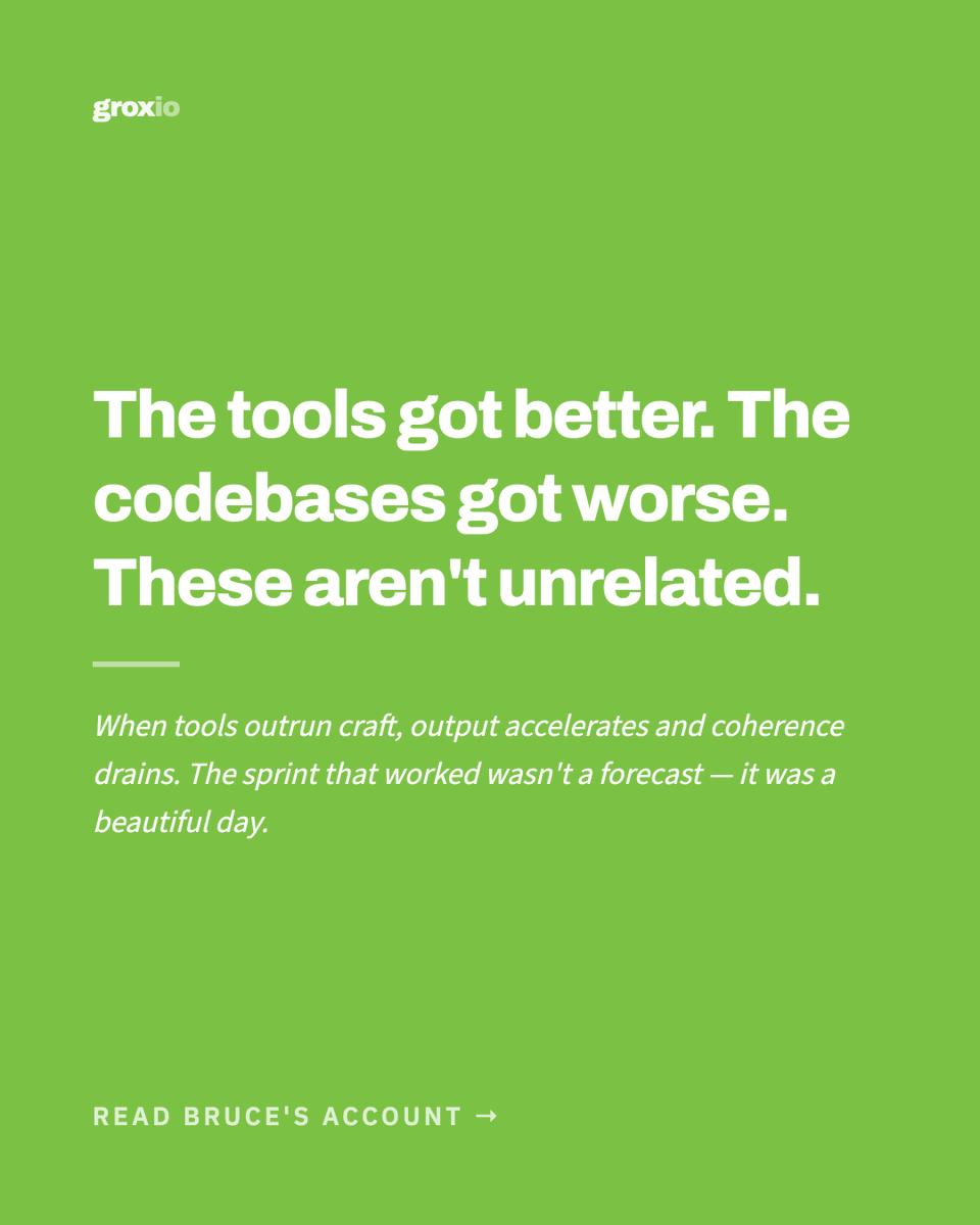 GroxioLearning's tweet photo. AI tools improved faster than our ability to use them well. The magical sprint was real. What we drew from it was wrong — we treated the conditions that made it work as the new baseline, and organized our optimism, our staffing, and our planning around that assumption. 

Read the blog from @redrapids

https://t.co/7K4oWjILgX

#ElixirLang