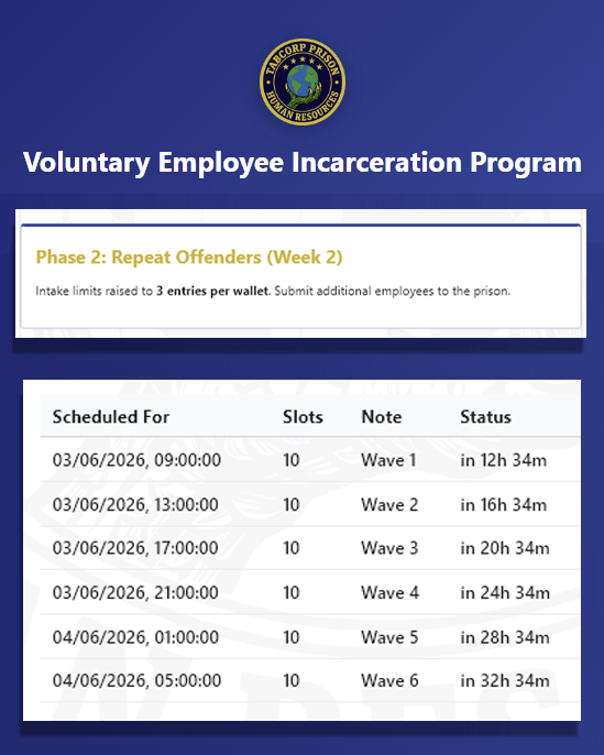 Tabcorp_HR's tweet photo. HUMANITARIANS
We currently have 40 inmates processing in the Tabcorp Penitentiary. We need more PUNISHMENT!

Tomorrow, the intake cap opens up to 3 assets max per wallet.

Stop hoarding your clean employees. Liquidate them into the system and let them earn some battle scars. https://t.co/zJckzL9WcF