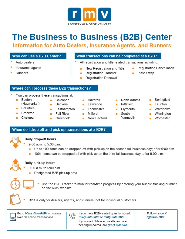MassRMV's tweet photo. Insurance Agents &amp; Auto Dealers: #DYK Business 2 Business (B2B) Services are available at 23 Service Center locations? Visit https://t.co/41taqh8WjV more information. https://t.co/4xuEF0zhJc