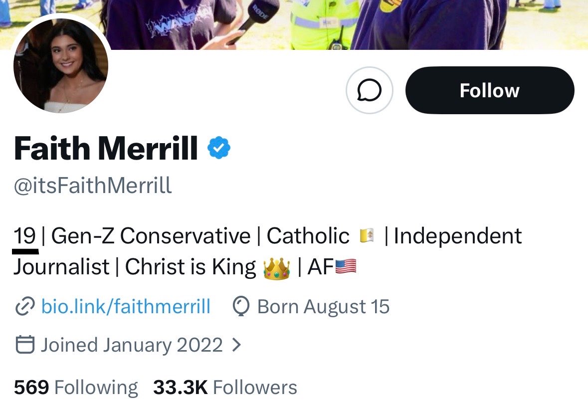 RedEaglePatriot's tweet photo. Say what you want about Faith Merrill—but she’s brave enough to put her IQ in her bio, and we should respect that. https://t.co/HKsflVq7fR