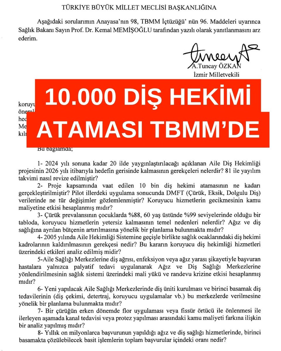 Kamubiz_com's tweet photo. 10.000 diş hekimi ataması TBMM'ye sunuldu!

Ülkemizde ağız ve diş sağlığı hizmetlerinde artan talep, yüksek hastalık yükü ve koruyucu hizmetlerin yetersizliği; hizmet sunumunda etkinlik, erişim ve maliyet açısından önemli sorunlara yol açmaktadır. Kamuoyuna duyurulan “Aile Diş Hekimliği” projesinin hedeflerin gerisinde kalması, birinci basamak hizmetlerin zayıf kalması ve Ağız ve Diş Sağlığı
Merkezleri’nde yaşanan yoğunluk, mevcut sistemin yeniden değerlendirilmesini gerekli kılmaktadır.

Tuncay ÖZKAN
İzmir Milletvekili