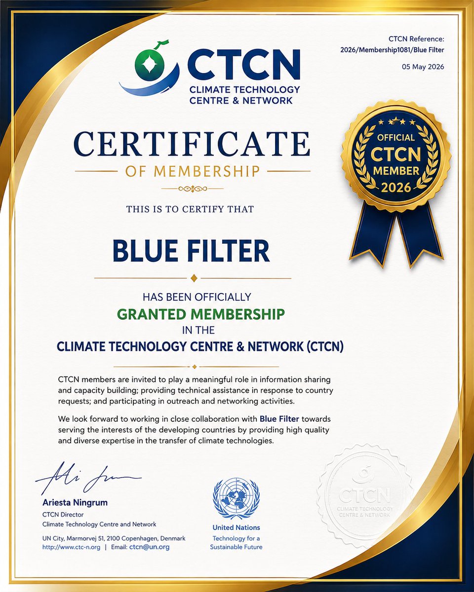 BluefilterC's tweet photo. Proud to share that Blue Filter is now an official member of the Climate Technology Centre and Network (CTCN), a UNFCCC initiative.

A new step toward advancing clean water, climate resilience, and sustainable innovation globally.

#BlueFilter #CTCN #ClimateAction #CleanWater https://t.co/FlHeyeOGMY