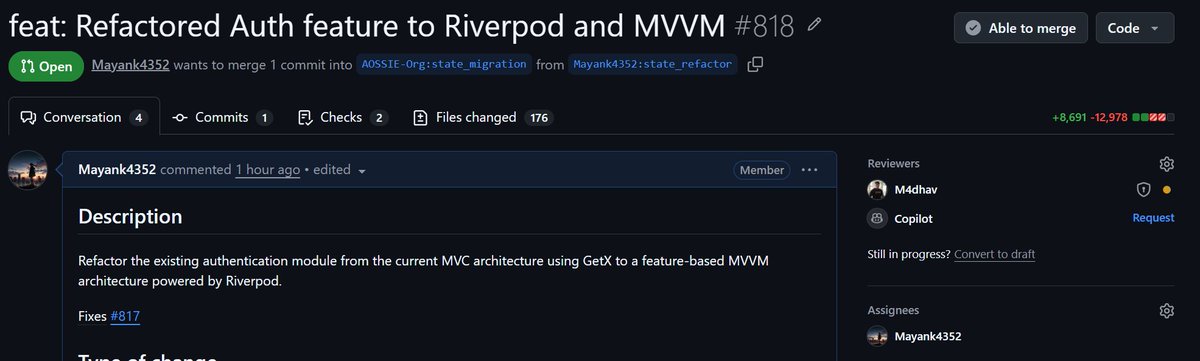 Mayank4352's tweet photo. GSoC Week 1

Progress on architectural migration: 
Integrated Riverpod, introduced GoRouter  and established the core MVVM structure.

Also completed the first major feature of Auth from GetX to Riverpod + MVVM while cleaning up legacy files and expanding test coverage.

#GSoC https://t.co/WpwgtLo8lu