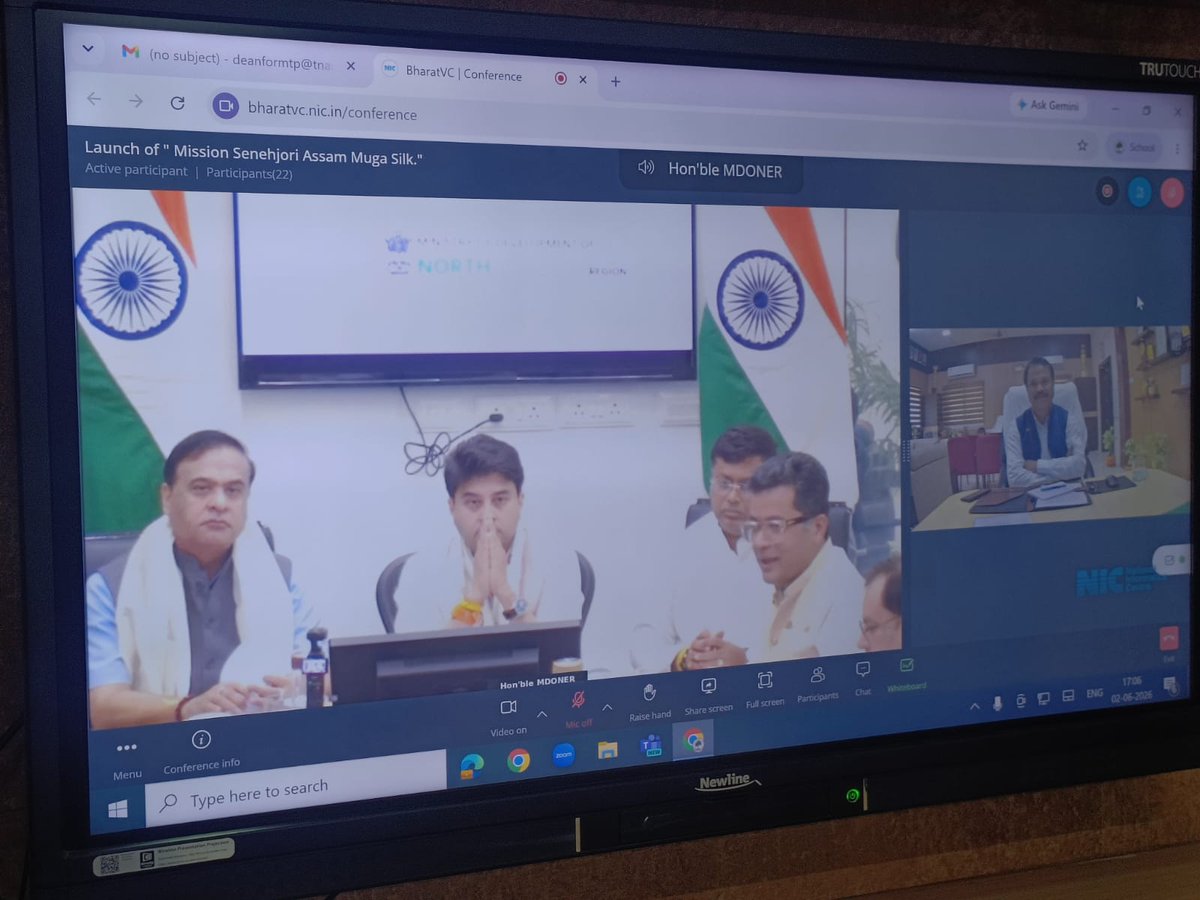 csbmot's tweet photo. Member Secretary, Central Silk Board, @IfsSivakumar attended the virtual launch of Mission Senehjori - Assam Muga Silk USP  on 02.06.2026. The initiative was launched by Hon'ble Ministers @JM_Scindia along with @himantabiswa in the presence of @DrSukantaBJP @PmargheritaBJP & @sjaju1, Secretary @MDoNER_India  and other senior officials. Mission “Senehjori” aims to strengthen Assam’s unique Muga silk sector through cluster-based development, branding & value addition, positioning it as a globally competitive luxury textile ecosystem.