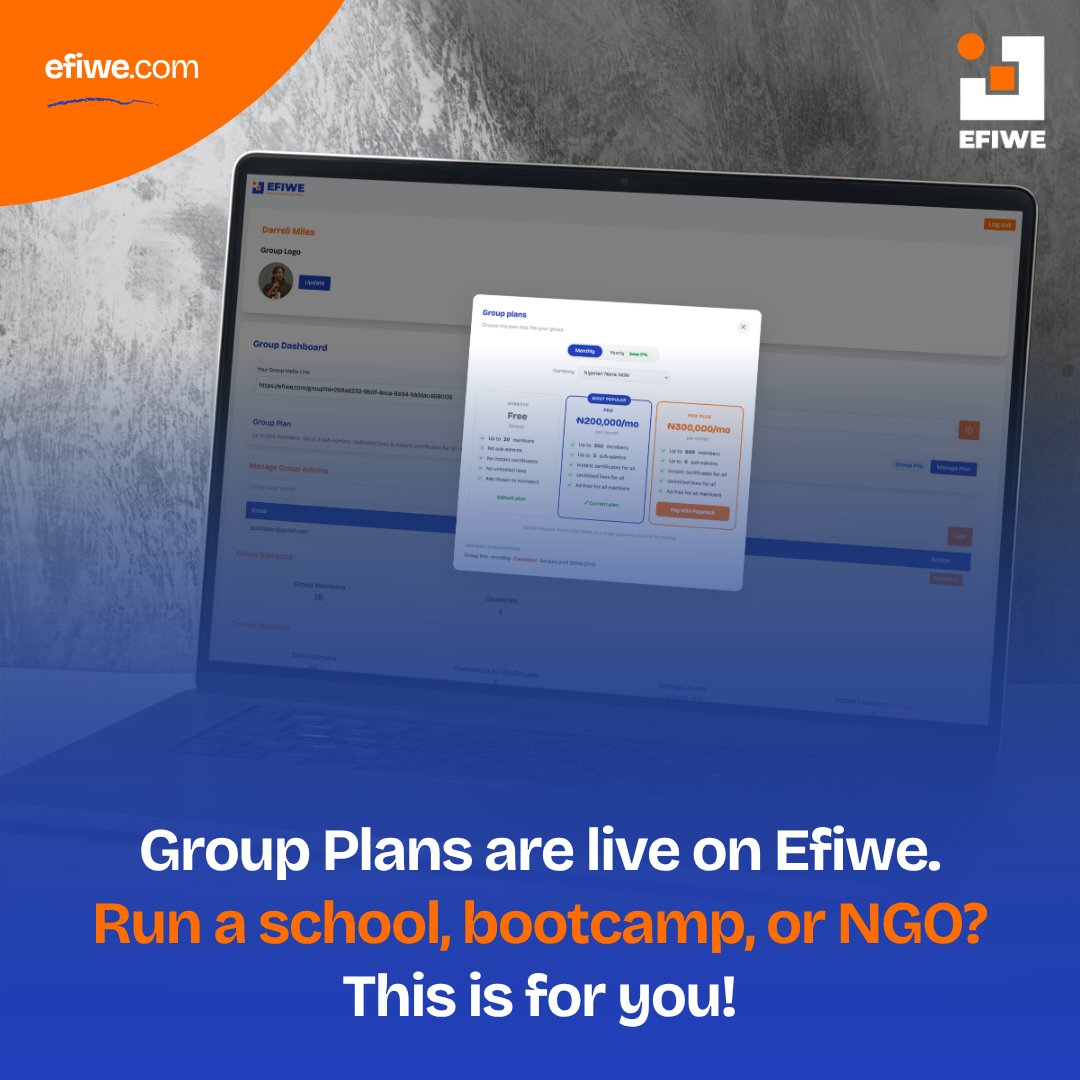 WithEfiwe's tweet photo. Group Plans are officially here on Efiwe.

Schools, NGOs, bootcamps, and community orgs have been using Group Accounts to run structured programmes across Nigeria and India. Today, we're giving those groups the infrastructure they actually need.

Three tiers. Real structure. https://t.co/Nu5EebKrNH