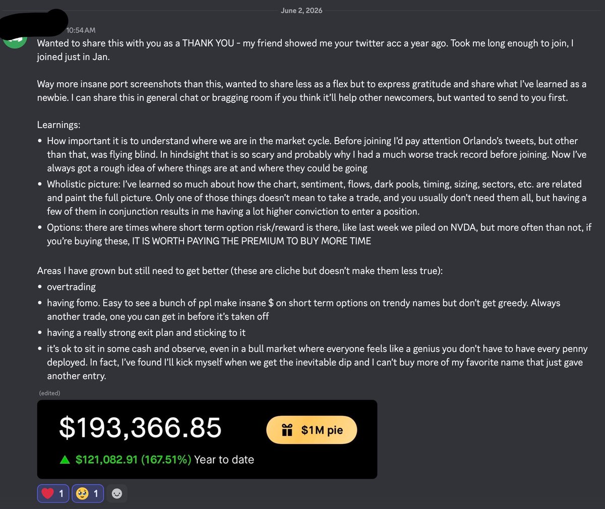thisisorlando's tweet photo. This one genuinely made me smile 🥹

Not because of the gains.

Because he joined us only a few months ago and understood something most traders never do:

There are times to be aggressive.

There are times to sit in cash.

And knowing the difference can completely change your results.

Happy to have helped him navigate both sides of the trade, raising cash earlier this year, then buying timely dips before the market ripped back to ATHs 🧠

Proud of this one.