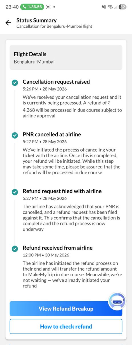 viragh12's tweet photo. Dear @makemytrip @makemytripcare, I have canceled a flight booking and the refund status shows, its initiated, but still the refund amount had bot been credited. https://t.co/y3j23clGBq