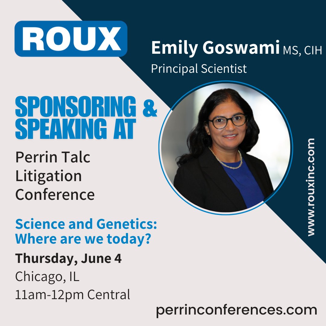 RouxAssociates's tweet photo. Join Roux at @PerrinConf's Talc Litigation Conference, designed to deliver knowledge and establish connections. Emily Goswami will speak as part of a panel discussing new issues in testing, recent scientific literature and data, and more.

https://t.co/GBjB2cmhgX https://t.co/GwjejUjO90