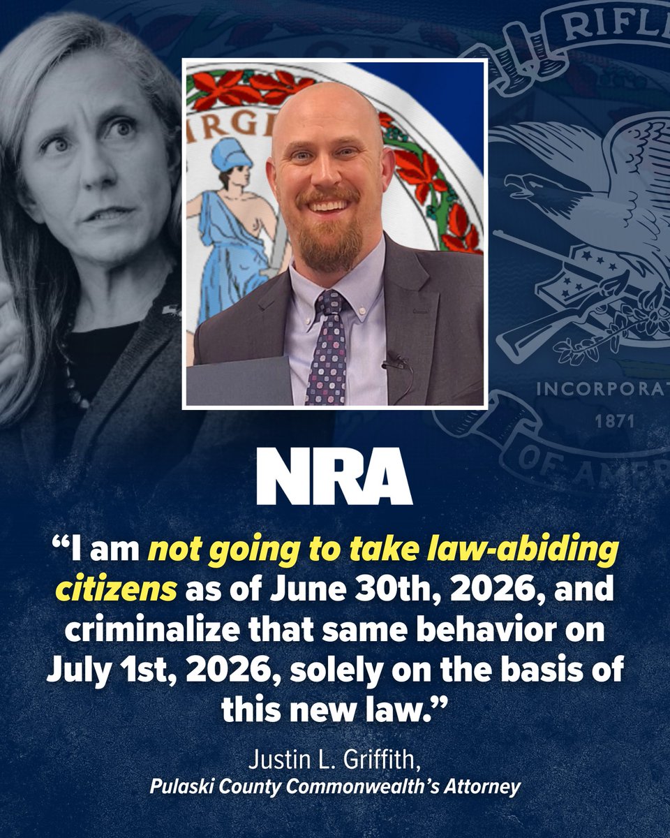 NRA's tweet photo. 🚨 Several Virginia attorneys and sheriffs are declaring they will not target law-abiding citizens for violations of @GovernorVA's impending “assault weapons” ban.
 
This, and several lawsuits, show the intense opposition that’s arisen before the ban has taken effect. https://t.co/vqTWaJaDwQ