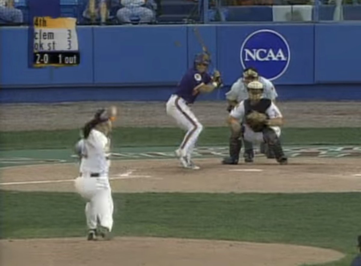 Tiger_Timeline's tweet photo. Jun 2, 1996: #Clemson eliminates Oklahoma St from the College World Series with an 8-5 ten inning thriller. The game was tied 5-5 going into the 10th, and Jason Embler got the rally started by driving in the go ahead run. Two more scores cinched it for the Tigers. https://t.co/si7RnYrcAC