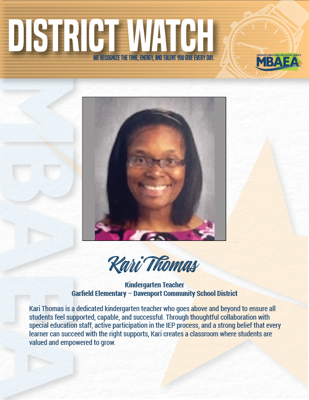 MBAEA's tweet photo. 🌟 Congratulations to Kari Thomas, MBAEA District Watch Award recipient! Kari’s unwavering belief in every learner and commitment to helping students succeed creates a classroom where children feel supported, valued, and empowered. #DistrictWatch #MBAEA https://t.co/pjfHPv3dXz