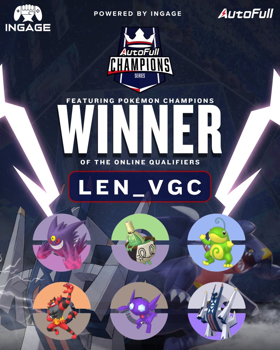INGAGEGG's tweet photo. The AutoFull Champions Series Online Qualifiers are officially in the books! 🏆

A huge congratulations to our champion, @LenVGC, for taking home 1st place after an incredible run through the bracket.

Thank you to every player who competed and to the community for bringing such amazing energy to the event. We couldn't do it without you!

A special shoutout to our incredible partners at @AutoFullGlobal for helping us power this series and support the competitive community! 💺🔥

#PokemonVGC #AutoFull #PlayPokemon #INGAGE