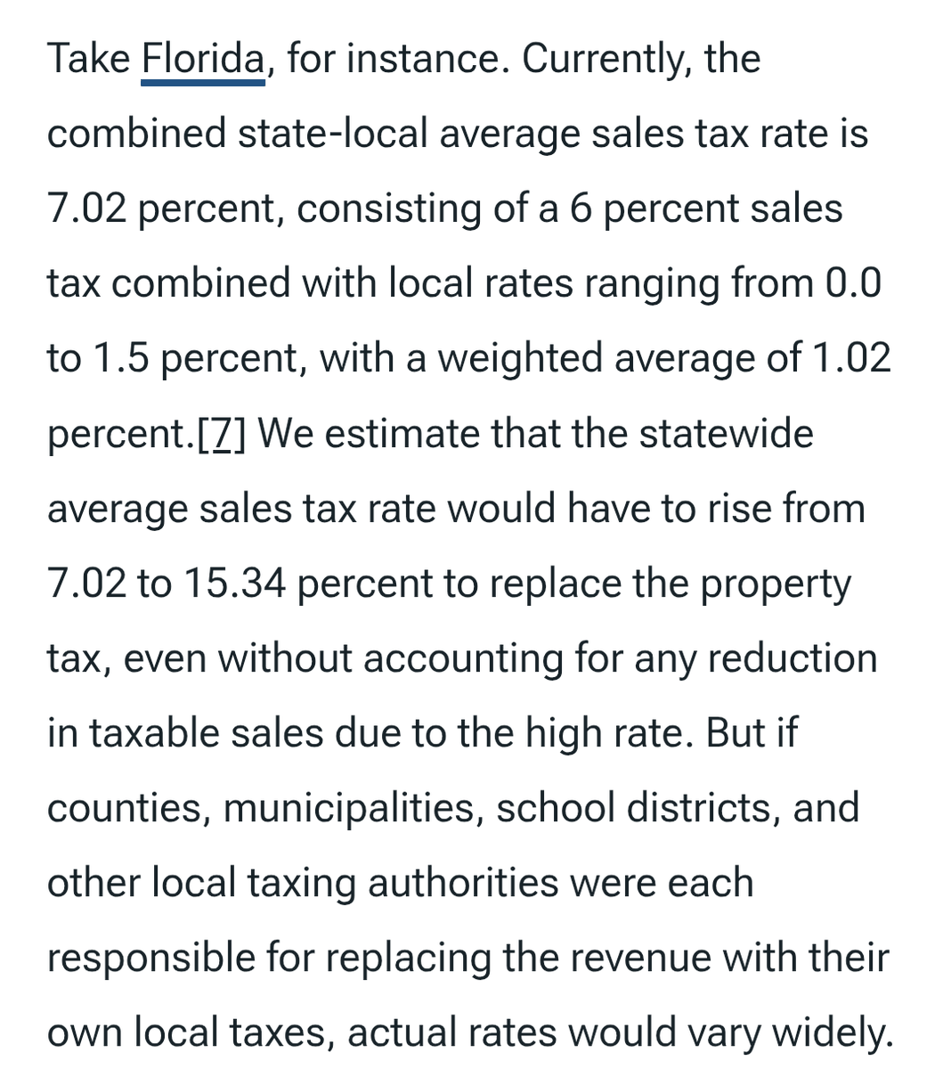 jmhorp's tweet photo. Cool paper from @JaredWalczak. To completely replace property taxes with sales taxes in Florida, you would need to at least double sales tax rates (but probably more, due to behavioral changes). A few counties would need to be 20% or 30%! https://t.co/WUEk9Gz5Dj