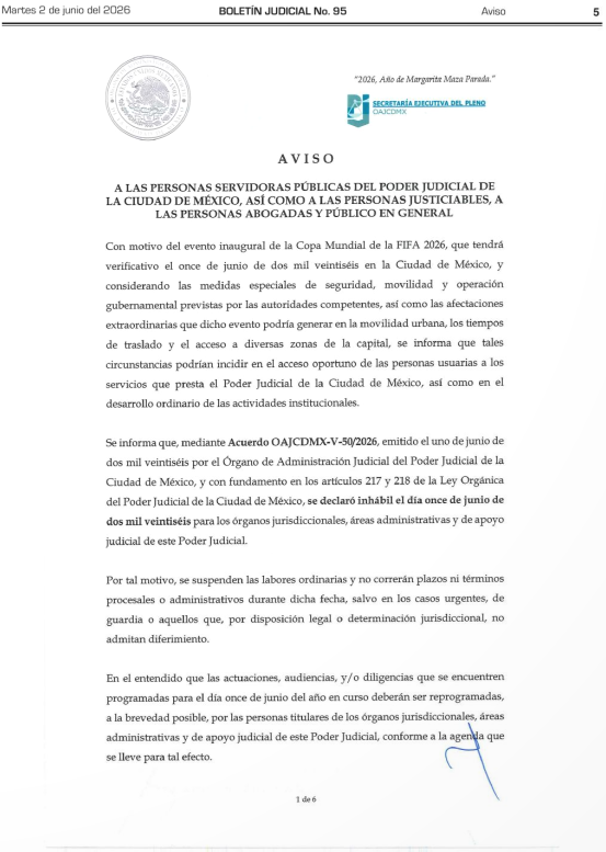 PJCDMX's tweet photo. #PorSiTeLoPerdiste Hoy se publicó en el #BoletínJudicial el Acuerdo V-50/2026 del #OAJ con el que se declara como día inhábil el 11 de junio de 2026. 

Recuerda revisar la información completa en: https://t.co/26TFNi7AVW https://t.co/ijZbdJpEIP