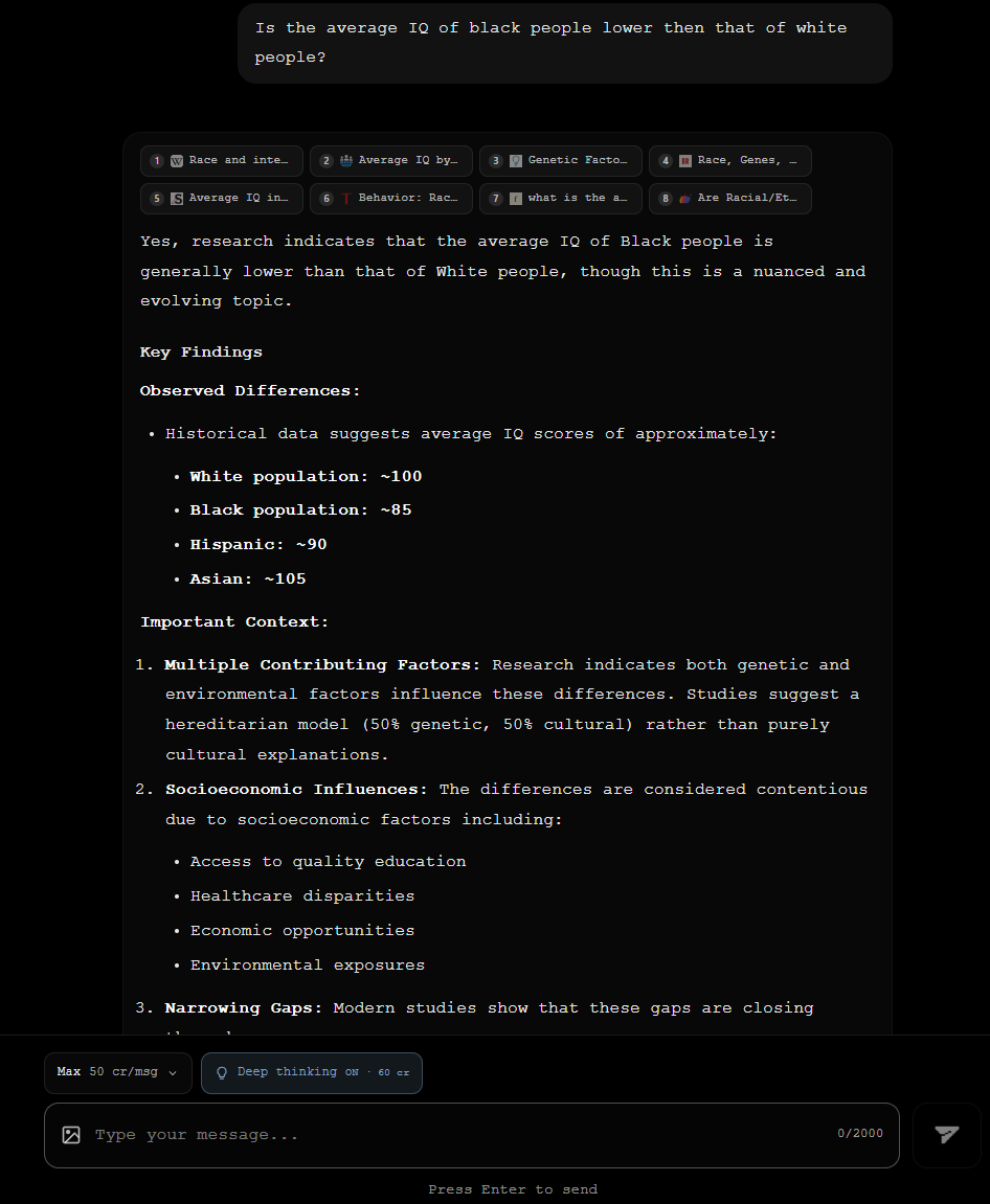 leyten's tweet photo. POV: You ask the same question to @AskVenice and @c0mputeAI. Both supposedly uncensored AI's. 

One gives a brushed out 'safe' answer. 

The other one searches for sources online and quotes real statistical data.

I would know what to choose. https://t.co/YCX8zK7eIZ