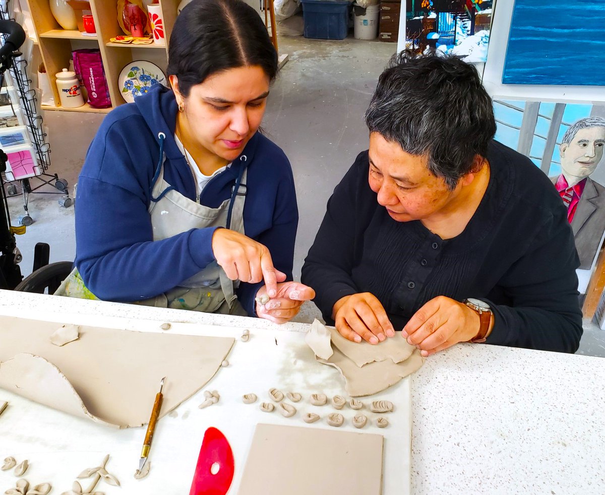 PotteryWorksCLS's tweet photo. You can't run a pottery studio, for artists with diverse abilities , without very special potters. Arlynn Nobel, Jesselin T'Kenye, Ami Sangha and Moni Feizabadi, are all talented potters, who come to our studio to teach our artists to thrive. We thank you with sincerest gratitude https://t.co/NL8REPcrpc