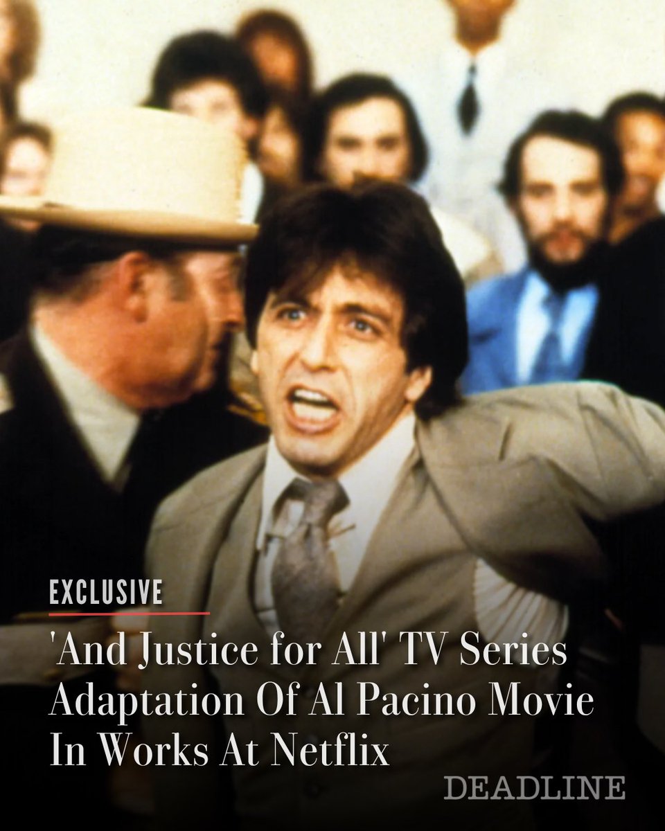 DEADLINE's tweet photo. EXCLUSIVE: With The Lincoln Lawyer coming to an end, Netflix is on the lookout for a potential successor in the legal drama space. One of the hopefuls is And Justice For All, a series based on the 1979 movie starring Al Pacino, Deadline has learned. The project, now in the works at the streamer, comes from Sony Pictures Television whose sibling Columbia Pictures distributed the film.

Read More: https://t.co/bos85lUX3z