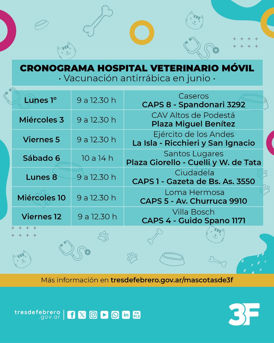 Municipalidad3F's tweet photo. 🐶🐱 Junio llega con un cronograma súper completo del Hospital Veterinario Móvil para que puedas asegurar la salud de tus mascotas con atención de calidad cerca de casa con vacunación antirrábica, desparasitación y esterilización.

Más👉https://t.co/LyJbgQY4VR https://t.co/XAdzzcrHvU