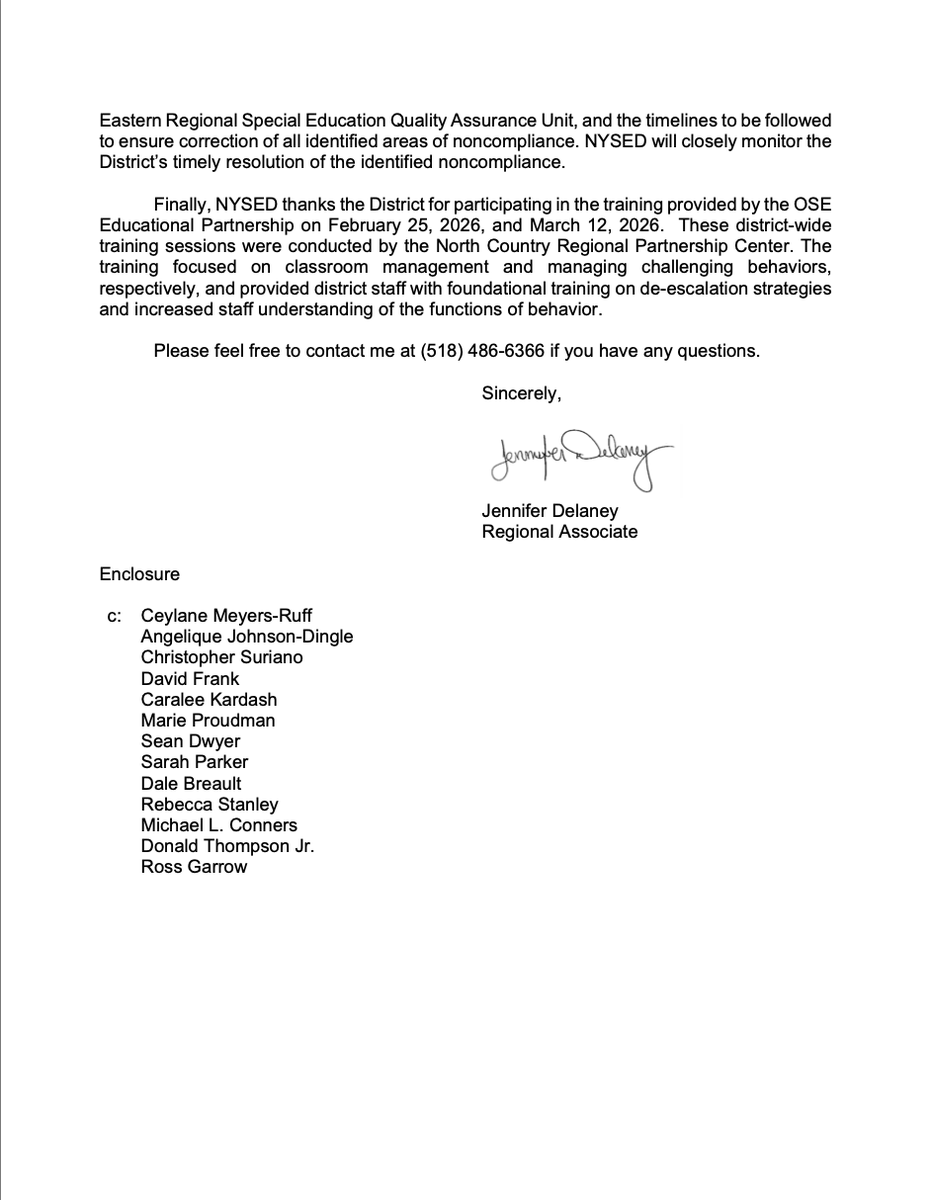 ICARSBanRandS's tweet photo. People in the UK have told us they could not access this document because of territorial restrictions, so we are releasing it directly here.

This is a May 6, 2026 letter from the New York State Education Department regarding Salmon River Central School District.

NYSED confirmed that, after concerns circulated on social media, it directed the District to immediately cease the use of restraint and seclusion, including the use of wooden boxes, and to remove those boxes from any buildings used for instructional purposes.

NYSED then conducted a monitoring review and identified noncompliance with New York’s rules governing timeout, physical restraint, seclusion, staff training, parent notification, and behavioural intervention plans, including provisions under §19.5 and §200.22.

The findings included use of a prohibited intervention, seclusion, improper use of physical restraint, deficient policies and procedures, and behavioural intervention plans for disabled students missing required components such as baseline data, measurement of behaviour, and progress monitoring.

In England, children in schools still do not have equivalent statutory protections.

There is no clear legal prohibition on restraint or seclusion being used as a behavioural intervention in schools, nor is there a clear statutory requirement that restraint and seclusion be limited to an emergency intervention of last resort.

There is no universal legal duty to record every use of restraint. There is no same-day statutory duty to notify parents after every incident. There is no national statutory framework requiring the kind of enforceable oversight shown in this document.

Instead, restrictive practices remain embedded within the language of “reasonable force.”

New York was able to identify noncompliance because there are legal standards against which practice can be measured.

In England, the law still leaves children exposed.
Document below. #AgainstRestraint