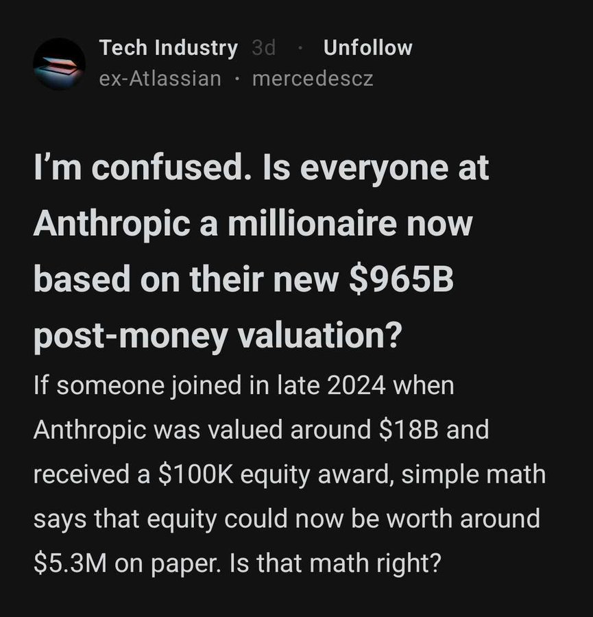 ThierryBorgeat's tweet photo. In the next few months, four companies are raising over $350 billion in equity.

– Google: $80B of net equity issuance to fund AI capex
– SpaceX: ~$75B IPO at near-trillion valuation
– Anthropic: raising at $965B post-money, up 53x from late 2024
– OpenAI: ~$100B at private market levels

That's a third of a trillion in fresh paper supply from four names alone.

Then there's the second wave.

An Anthropic employee who joined in late 2024 with $100K of equity is sitting on roughly $5.3 million on paper today. There are thousands like them at Anthropic, OpenAI, SpaceX, Databricks, Stripe, xAI.

Every single one is a future seller. At IPO, at lockup expiry, at the next tender. Founders, employees, and the earliest VCs are all trying to convert paper into cash at the same moment in history.

When the people closest to the asset are all sellers at the same time, the question isn't whether the technology works.

The question is who's left to be the bag holder.

This is what an exit liquidity avalanche looks like.

It doesn't crash a market in a day.

It bleeds it for years.