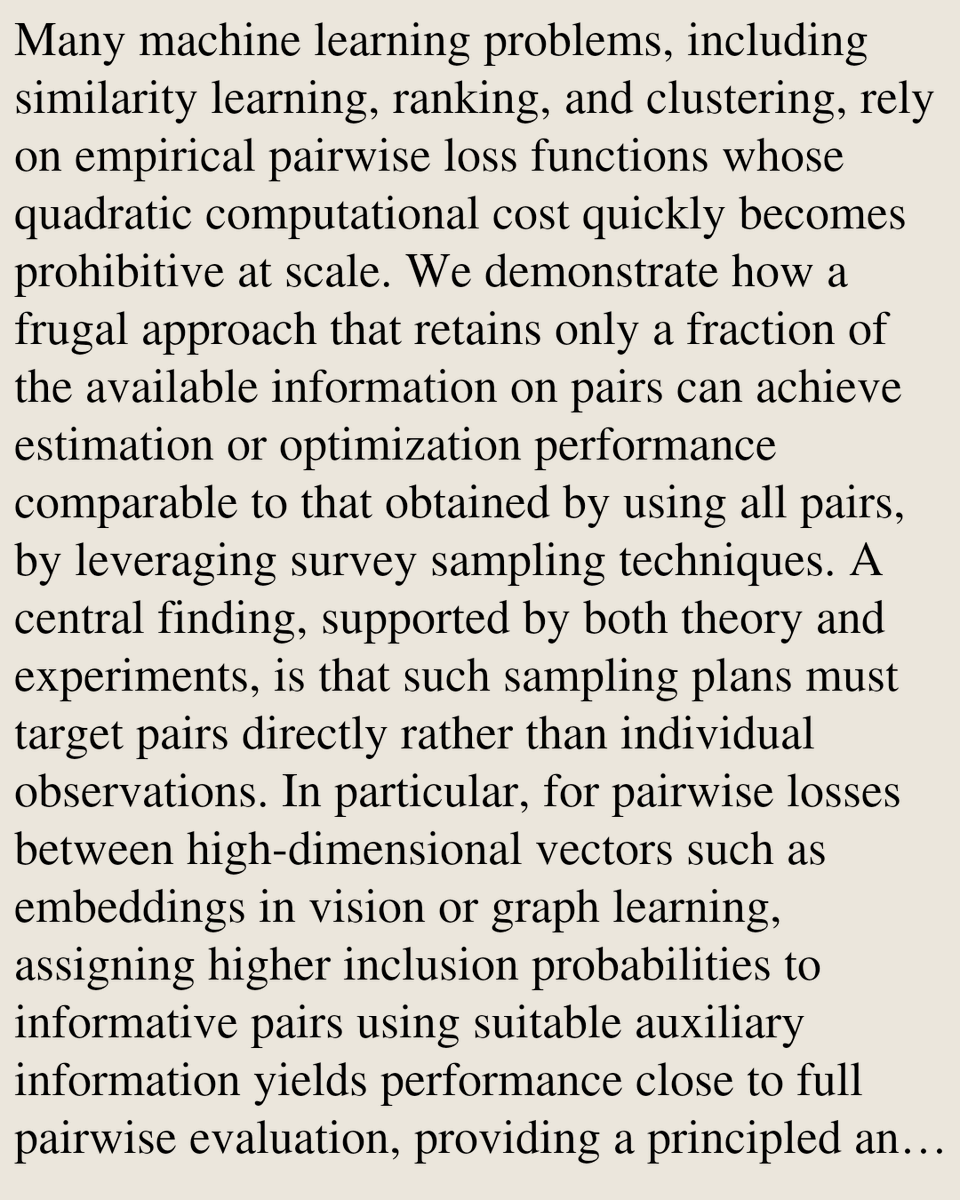 StatsPapers's tweet photo. Doing well with less! On Sampling Techniques for Empirical Pairwise Loss Estimation/Minimization

Louise Davy, Stephan Clémençon, Charlotte Laclau
https://t.co/tnp0CzgGC7 [𝚜𝚝𝚊𝚝.𝙼𝙻 𝚌𝚜.𝙻𝙶] https://t.co/JX2QleHkC4