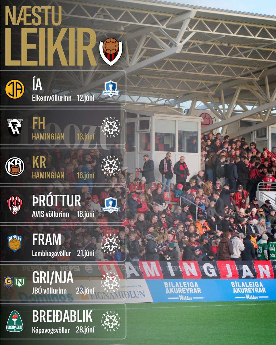 vikingurfc's tweet photo. Kæru Víkingar. Nú er stutt hlé á leikjum hjá Meistaraflokkunum okkar en veislan byrjar aftur föstudaginn 12. júní þegar strákarnir fara upp á Akranes í heimsókn í Mjólkurbikarnum. Stelpurnar fá svo FH í heimsókn 13.júní í Bestu deildinni.

Takið þessa daga frá. Takk. 🖤❤️ https://t.co/aSAAIJxoU3