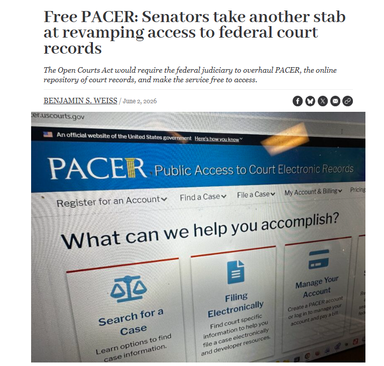 BenjaminSWeiss's tweet photo. 🏛️FREE PACER IS BACK: @SenJohnKennedy &amp; @RonWyden are leading another attempt at a bill overhauling the federal judiciary's online repository of court records &amp; make the service free to use.

Congress has tried for years to make this happen but has so far stumbled.

More ⤵️ https://t.co/g4NxTENx4i
