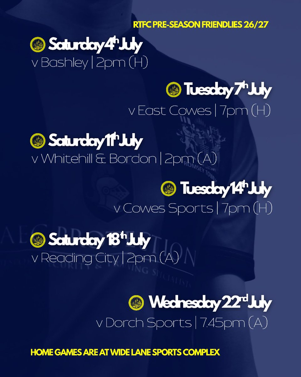 Romseytownfc1's tweet photo. Back at it. Pre-Season Fixtures👇⚽️

The road to 26/27 starts here 💙💛

(H) games at Wide Lane Sports Complex
(A) venue details to be confirmed asap

See you there!
#romseyfirst #romsetownfootballclub https://t.co/f0iu6qoLQx