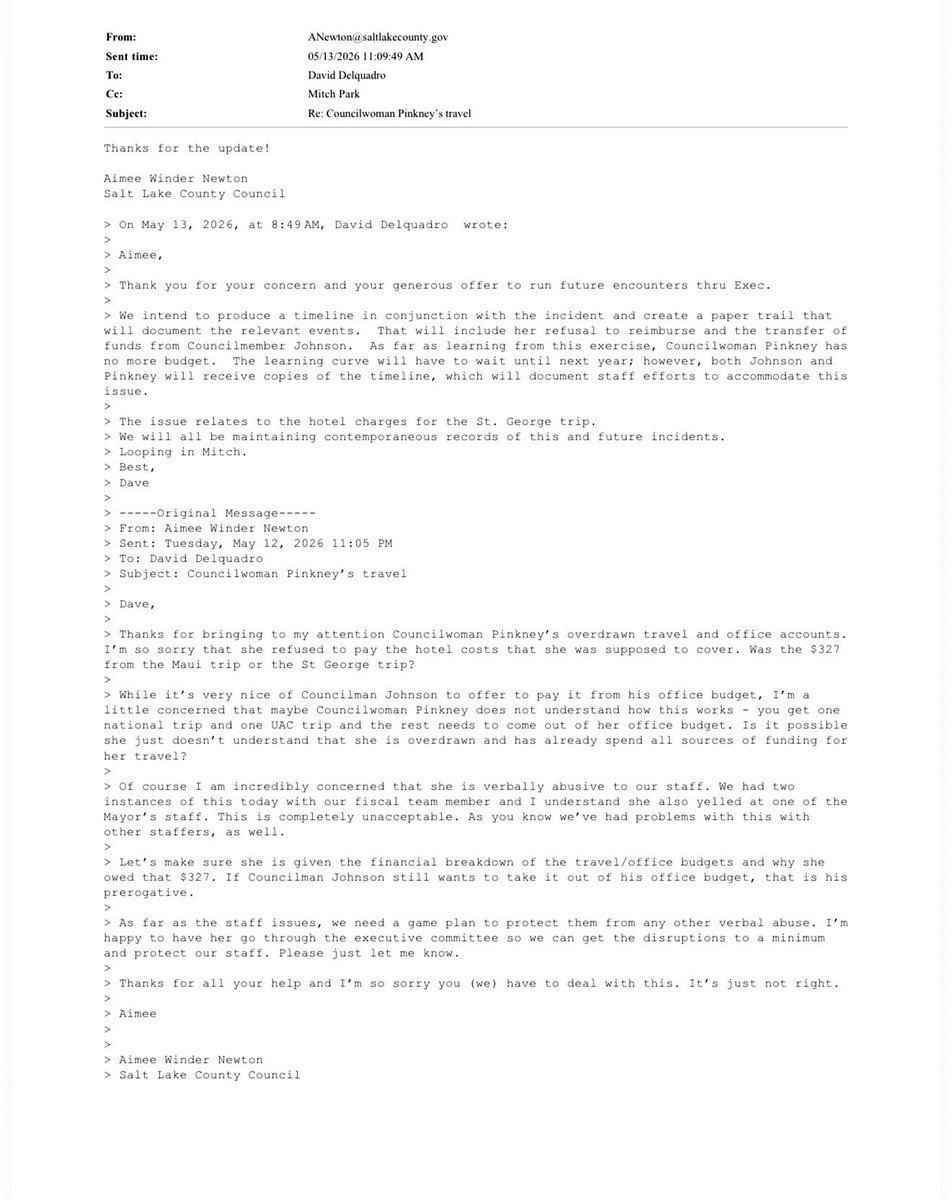 RepubliKate's tweet photo. 🧵 Two weeks ago, I heard concerns that Salt Lake County Councilwoman Natalie Pinkney had overspent her budget on travel, so I filed a GRAMA request for the records. What I received was worse than I expected. https://t.co/U96A75RciY