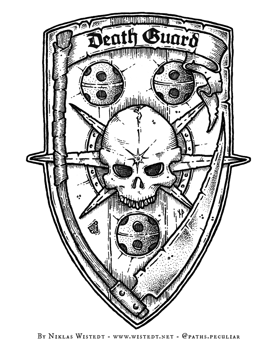 PathsPeculiar's tweet photo. Was in the mood for colour pencils, so had a go at my previously black-and-white Death Guard insignia. Bonus throwback; my old plague marine. 🪰 🦠 💀 

#warhammer #warhammer40k #spacemarines #deathguard https://t.co/QAZEj39JWo