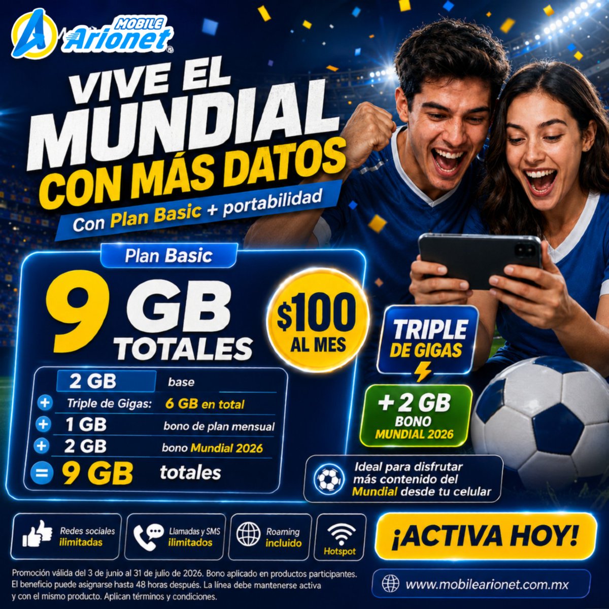 mobilearionet's tweet photo. ⚽🔥 Vive el Mundial con más datos en MobileArionet 🔥⚽
Con el Plan Basic + portabilidad, obtén 9 GB totales por solo $100 al mes y disfruta cada jugada, cada gol y cada momento del Mundial 2026 desde tu celular. 📲🏆

🚀 ¡Activa hoy!
🌐 https://t.co/2pVb4ZUusI https://t.co/nUaYNrJjoG