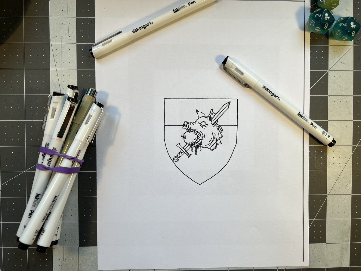 Travis_Fauber's tweet photo. Just inked the heraldry for Sir Hugo “The Butcher” Fleischer for the Knights of the Northern Reaches section in Full Metal Tilt.

#dragonslayerrpg #ttrpg #osr #heraldry #jousting https://t.co/qisREZDaWj