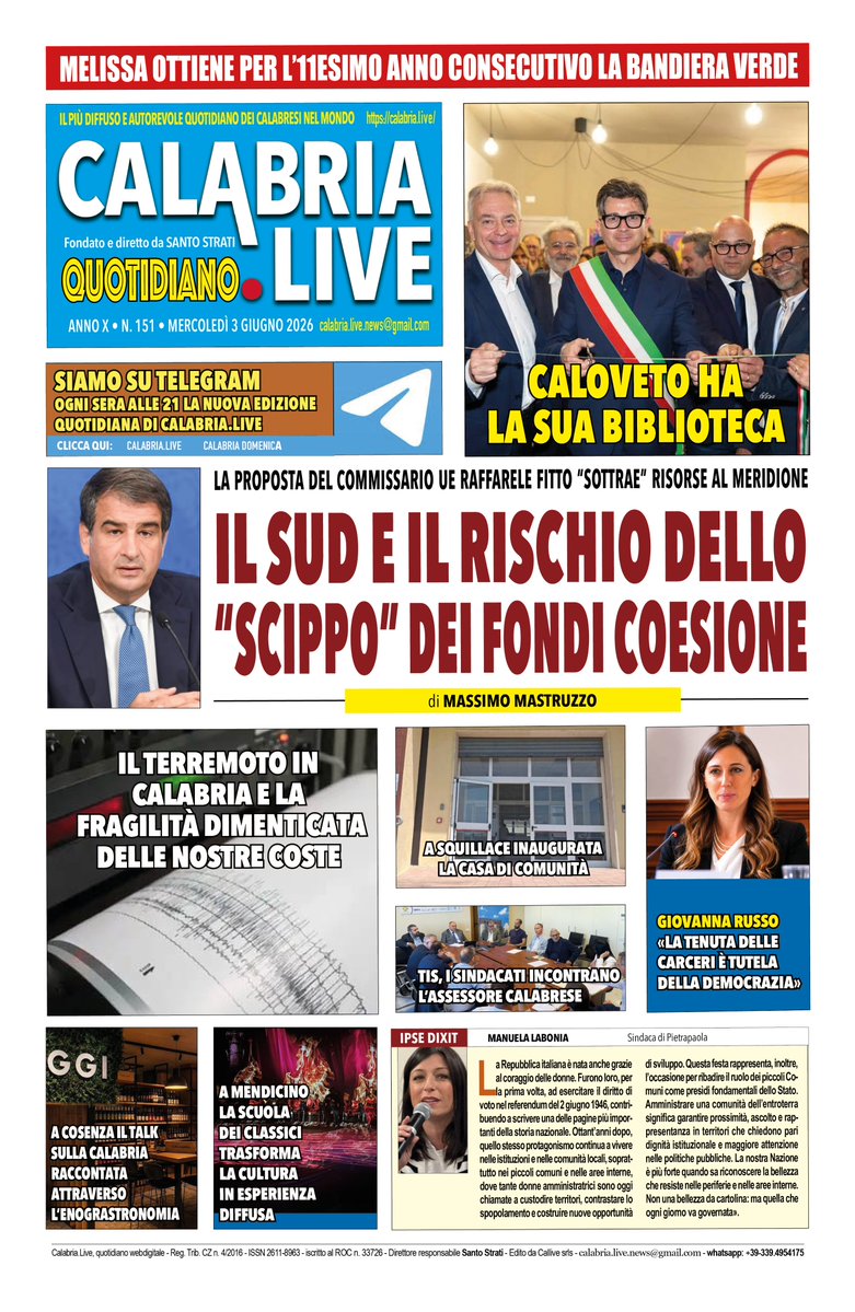 LiveCalabria's tweet photo. https://t.co/bf9f0U4yZ5 QUOTIDIANO MERCOLEDÌ 3 GIUGNO 2026
https://t.co/HSSoh3TH5s
#Calabria https://t.co/iANxrKG47O