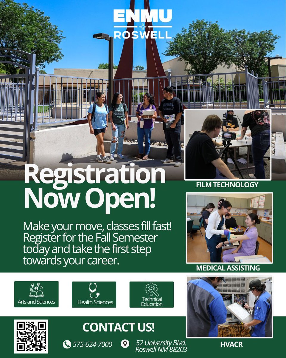 enmur's tweet photo. 🎓 Registration for Fall Classes is Now Open at ENMU-Roswell! 🎓

Your future starts today! Whether you're pursuing a degree, earning a certificate, or gaining hands-on career training, now is the time to secure your spot for the fall semester.

#ENMURoswell #FallRegistration https://t.co/3bAbazy6Xy