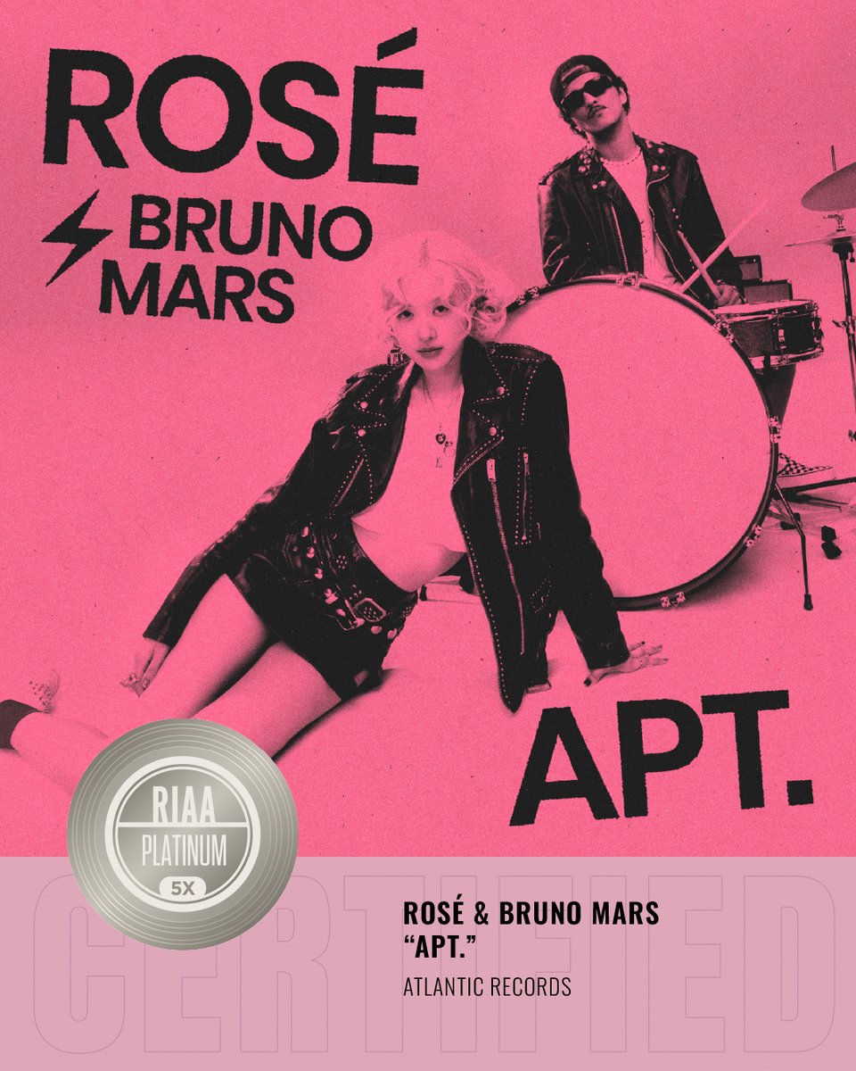 RIAA's tweet photo. Congratulations Rosé  &amp; @BrunoMars  on earning a RIAA 5x Platinum certification for “APT.”!⚡️ @AtlanticRecords https://t.co/P1ZGGr9NX2