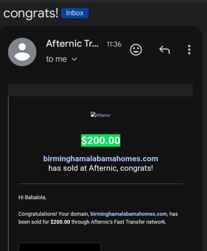 debabzzy's tweet photo. Sold via @afternic
I’ve always told myself: what I lack in quantity, I’ll make up for with outbound effort. Alhamdulillah. 
To anyone still waiting for their first sale: keep putting in the work. The result will come.Thanks to @webpower84 @KehelAyyoub @Aladey @ElieEweka https://t.co/8oGswF7oXB