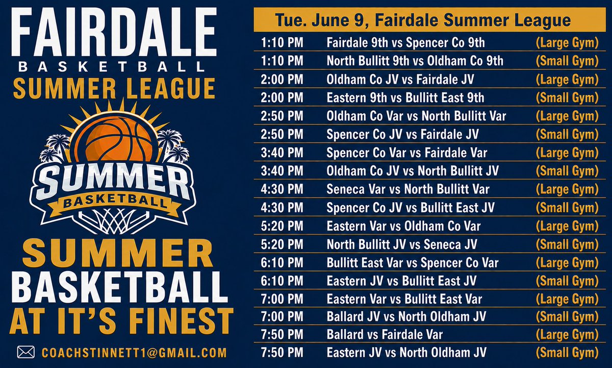 FHSBasketball11's tweet photo. The Fairdale Basketball Summer League will begin next Tuesday, June 9 with some great games going on all day. Please spread the word!
$5 Admission and Concessions Available
Game days are June 11, June 13, June 18, and June 20 https://t.co/n99k6P6eh0