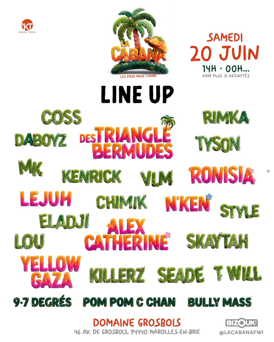 KREYOLTOUCH_'s tweet photo. 🎤 LEJUH 🔥

Originaire de Guadeloupe 🇬🇵, Lejuh s’impose comme l’une des figures montantes de la New Bouyon Wave 🌊. Porté par une énergie débordante ⚡ et des titres incontournables comme Air Force One, Leave Me Alone ou Karibbean Gyal 🎶, il enchaîne les succès et fait vibrer les scènes caribéennes 🌴.

Avec son style unique, sa présence magnétique et ses rythmes explosifs 💥, chaque performance se transforme en véritable fête 🕺🏽🎉.

🌴🔥 LINE-UP OFFICIEL – LA CABANA 🔥🌴

🎤 RONISIA
🎤 TRIANGLE DES BERMUDES
🎤 LEJUH
🎤 N’KEN
🎤 ALEX CATHERINE
🎤 YELLOW GAZA

🎧 : DABOYZ, STYLE, SEADE, T-WILL, RIMKA, MK, COSS, SKAYTAH, VLM, ELADJI, KENRICK, CHIMIK, TYSON, KILLERZ, LOU 

🥁9.7 DEGRÉS, POM POM C CHAN, BULLY MASS et bien d’autres surprises !

📅 Samedi 20 Juin
⏰ 14h – 00h (Voir + 😇)
📍 Domaine Grosbois – Marolles-en-Brie

ℹ️INFOS & BILLETTERIE (Lien en Bio) : https://t.co/9RPdwbXVMR