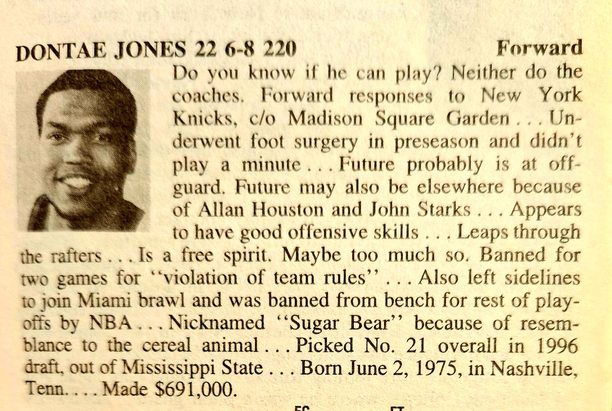 HoopsAnalyst's tweet photo. Bonus Hollander POTD Dontae' Jones. Misissippi St F made 96 Final Four. NY drafted him 21st in 96. Didn't play at all as a rookie. Traded to BOS in 97 and played in 15 gms in 97-98 before leaving NBA. Later played in  CBA &amp; Europe til 2010. Now coaches kids in Nashville. https://t.co/RggupIzqZ7