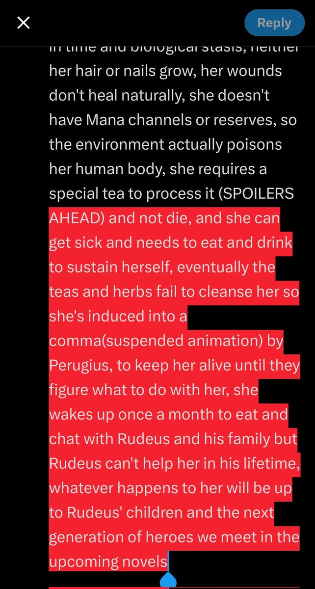 SpacKadet's tweet photo. @ChinchillaBONKK @Psydeeeee No, since she's from our world, she's in time and biological stasis, neither her hair or nails grow, her wounds don't heal naturally, she doesn't have Mana channels or reserves, so the environment actually poisons her human body, she requires a special tea to process it (SPOILERS https://t.co/kSm1ZBjzjr