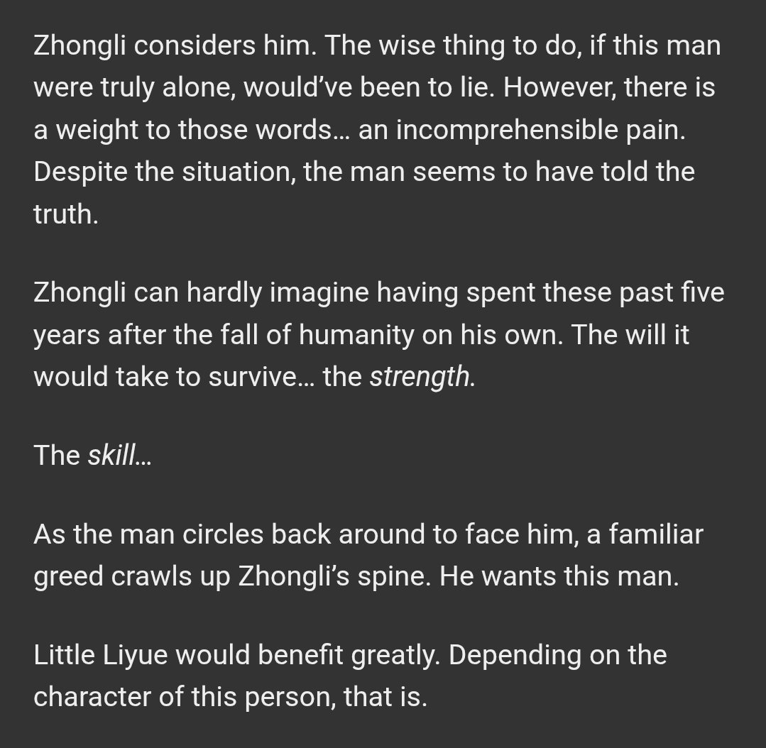 chigitheult's tweet photo. kind of in love with this zhongli that's viewing childe strategically thinking of him as an asset to his people's survival in the apocalypse https://t.co/HFcqrxArEP