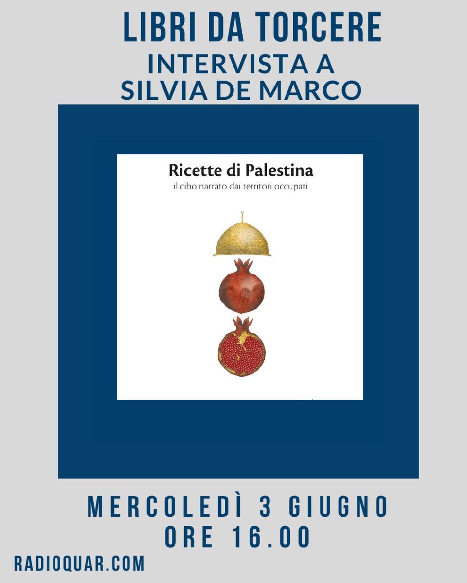 RadioQuar's tweet photo. Programma 3 Giugno

La sveglia di @diplastilina alle 7 dà inizio alla giornata ricca di musica e interviste.
Alle 16 appuntamento con Libri da Torcere e l'intervista a Silvia De Marco che presenta il libro Ricette di Palestina, il cibo narrato dai territori occupati. Ed Effequ. https://t.co/LEuFlH6jsV