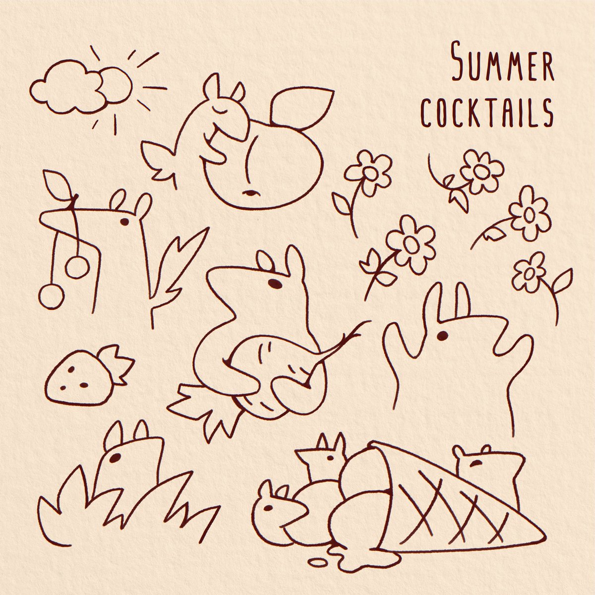 BattorART's tweet photo. ☀️ Sharing a bit of my other life! Every season, I draw simple critters for the cocktail menu at a friendly local bar. Here’s a little compilation of our summer fellows! https://t.co/JJXppxj1Dx
