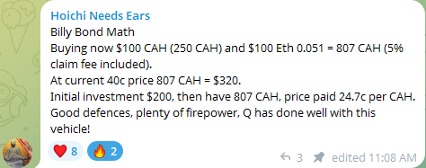 macsj12's tweet photo. Hoichi makes a pretty clear argument why the @moontropica bonding offer makes sense

...and last week $CAH was $.30 (now $.40)

Don't wait until the #CAHmunity pumps this to $.50 and beyond before taking a peek

Bonding is live here: https://t.co/otQR5cN3bL https://t.co/F3hfkIpUsp