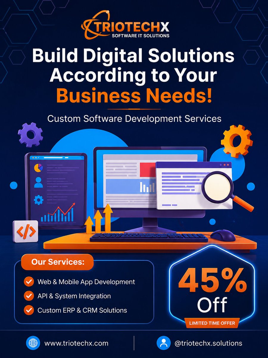 triotechx's tweet photo. 🚀 Need custom software that delivers results?

✅ Web &amp; Mobile Apps
✅ API Integration
✅ ERP &amp; CRM Solutions
🎉 Get up to 45% OFF on custom development services.
🌐 https://t.co/gbiz6SVvMA

#Triotechx #SoftwareDevelopment #WebDevelopment #ERP #CRM #TechSolutions https://t.co/0v8523BF4N