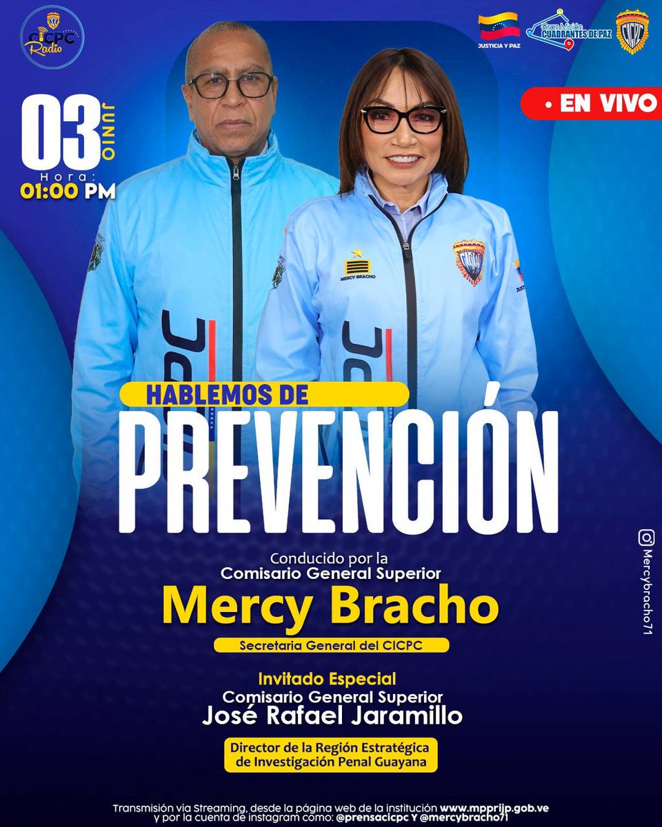 CICPC0056's tweet photo. No te pierdas la segunda temporada de "Hablemos de Prevención", conducido por la secretaria general del Cicpc, comisario general superior Mercy Bracho. Infórmate sobre los temas más importantes de Prevención Integral del Delito a través del streaming oficial de Cicpc Radio. https://t.co/sLe4Ee8N4b