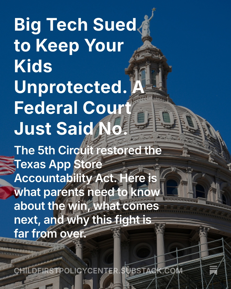 ChildFirstPC's tweet photo. Big Tech's trade group got a federal court to block Texas's child safety law.Last week, the 5th Circuit restored the law. The constitutional smoke screen is cracking. https://t.co/DN7mTWJMZc @sen https://t.co/voZeyHoC9p